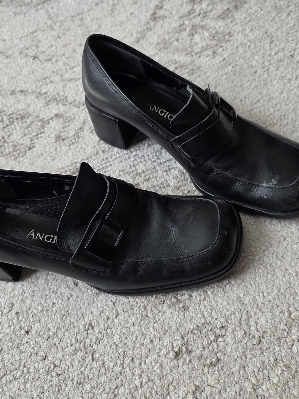Enzo Angiolini Black Leather Block Heel Loafers with Buckle